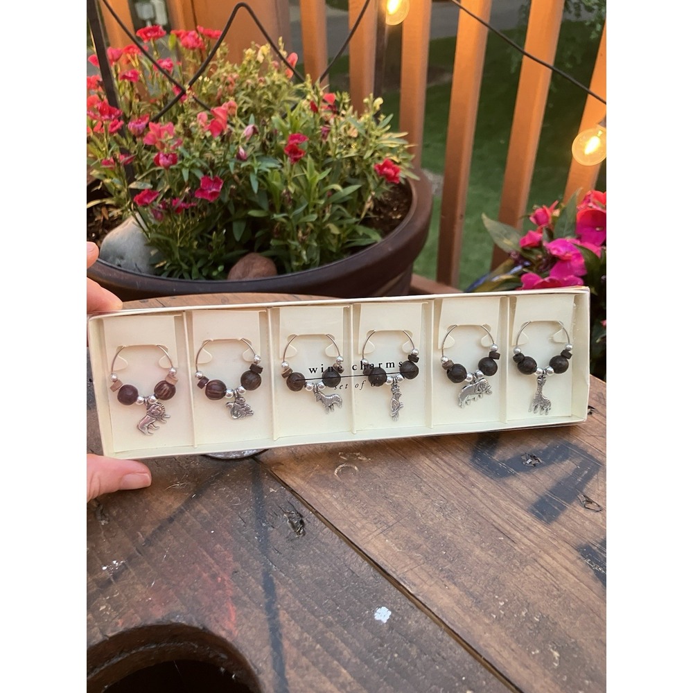 Vintage Pier 1 Imports Safari Wine Glass Charms Set of 6 Animal Stem Markers NIB